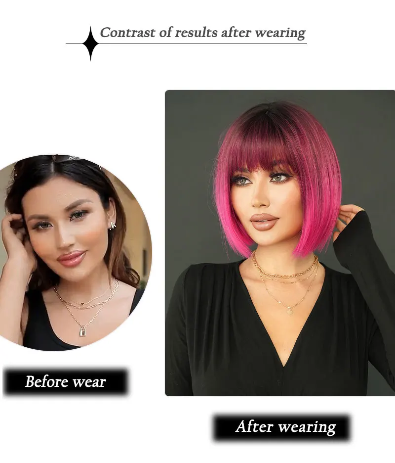 NAMM Rose Rosa Kurze Perücke für Frauen Tägliche Party Overhead Färben Schwarz Natürliche Synthetische Lavendel Hitzebeständige Gerade Perücken – Detail 2