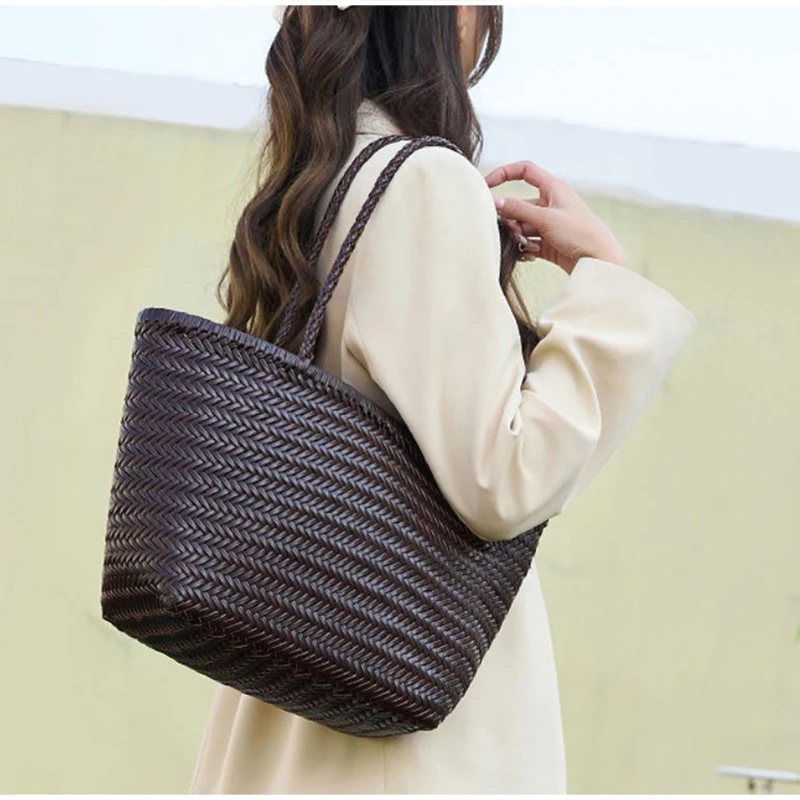 Luxuriöse Handtasche mit Obergriff, Französischer Stil Echtes Leder Patchwork Große Einkaufstasche, Damen Retro Casual Schultertasche – Detail 12