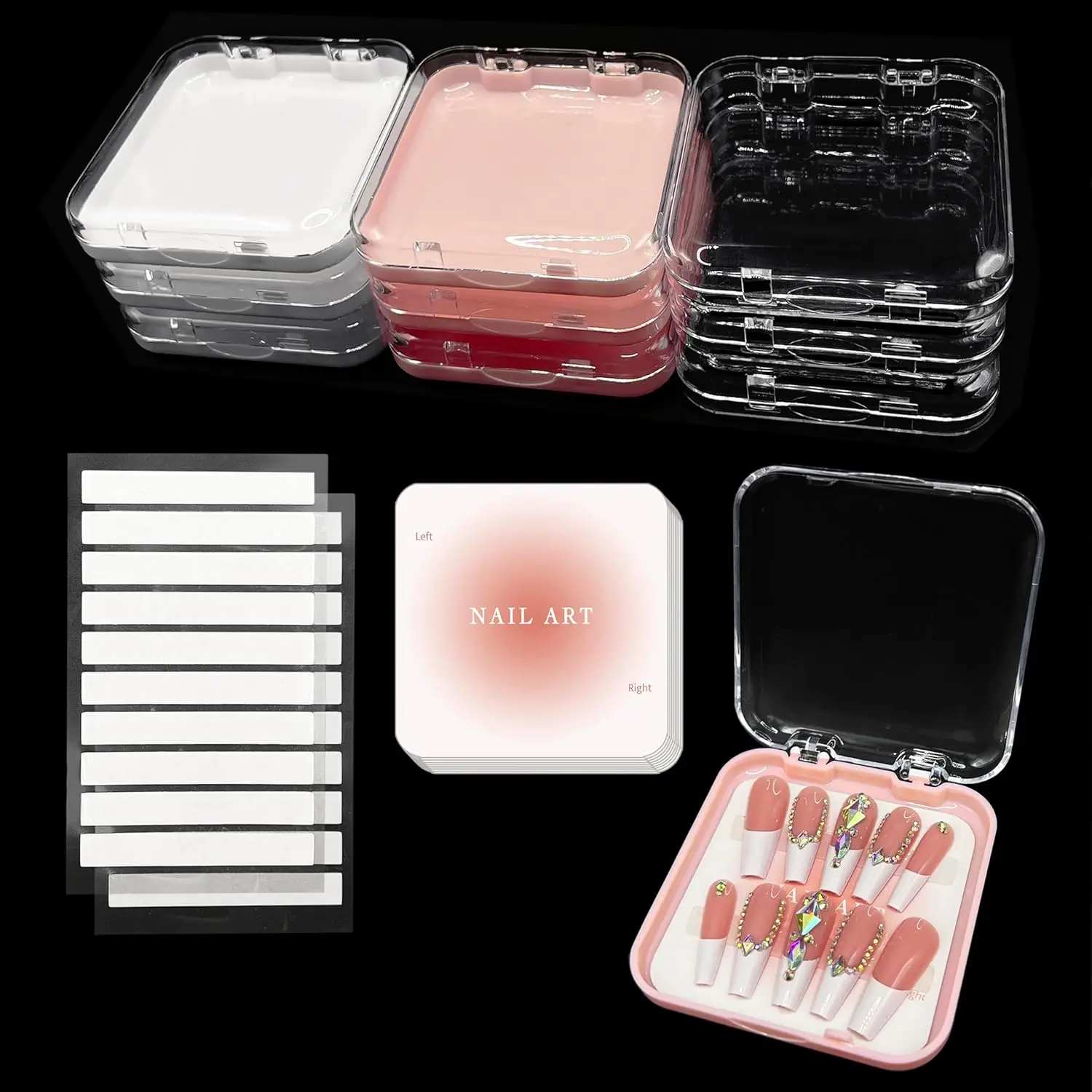 

9 Pcs Press On Nail Storage Box in 3 Colors, Acrylic Fake Nail Case with Display Cards and Double-Sided Tape