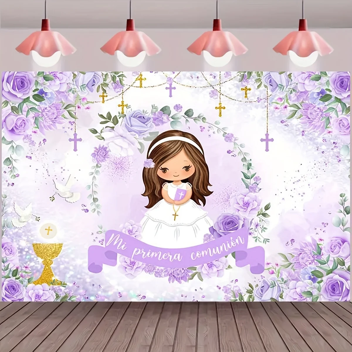 خلفية بركة الله: معمودية التواصل للفتيات Miprimera، زهور أرجوانية، خلفية لافتة نعمة الله