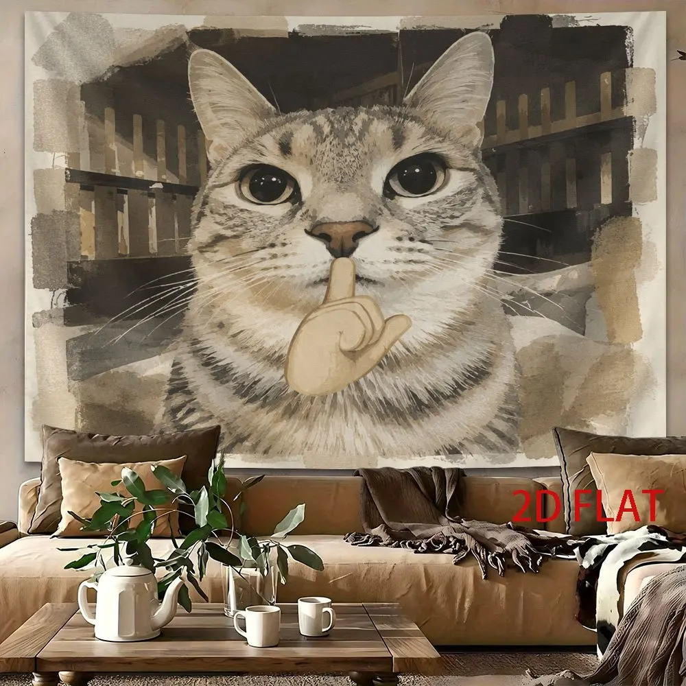Funny Tabby Cat Tapestry, Cat Making Middle Finger Gesture, Vintage Watercolor Grunge Wall Hanging for Bedroom Dorm Decor