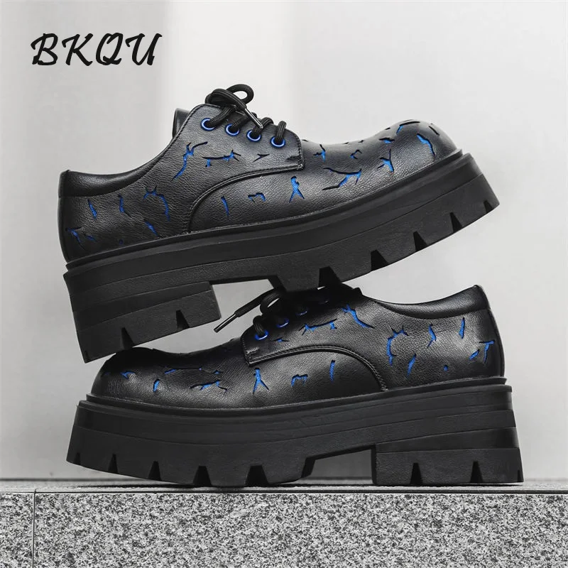 

BKQU New Explosive Crack British Style Casual Big Head Male Niche 7CM Thick Sole Increase Men's Derby Shoes