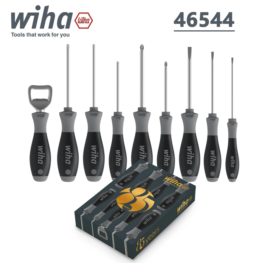 

Wiha 46544 9Pcs Screwdriver Set SoftFinish with Bottle Opener for Slotted and Phillips Screws The Anti-roll Protection