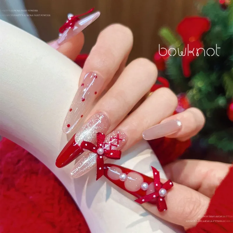 10Pcs Christmas Polka Dot Fabric Ribbon Bow Nail Charms, Cute Handmade Bowknot Ornaments for DIY Press On Nails Manicure Decor