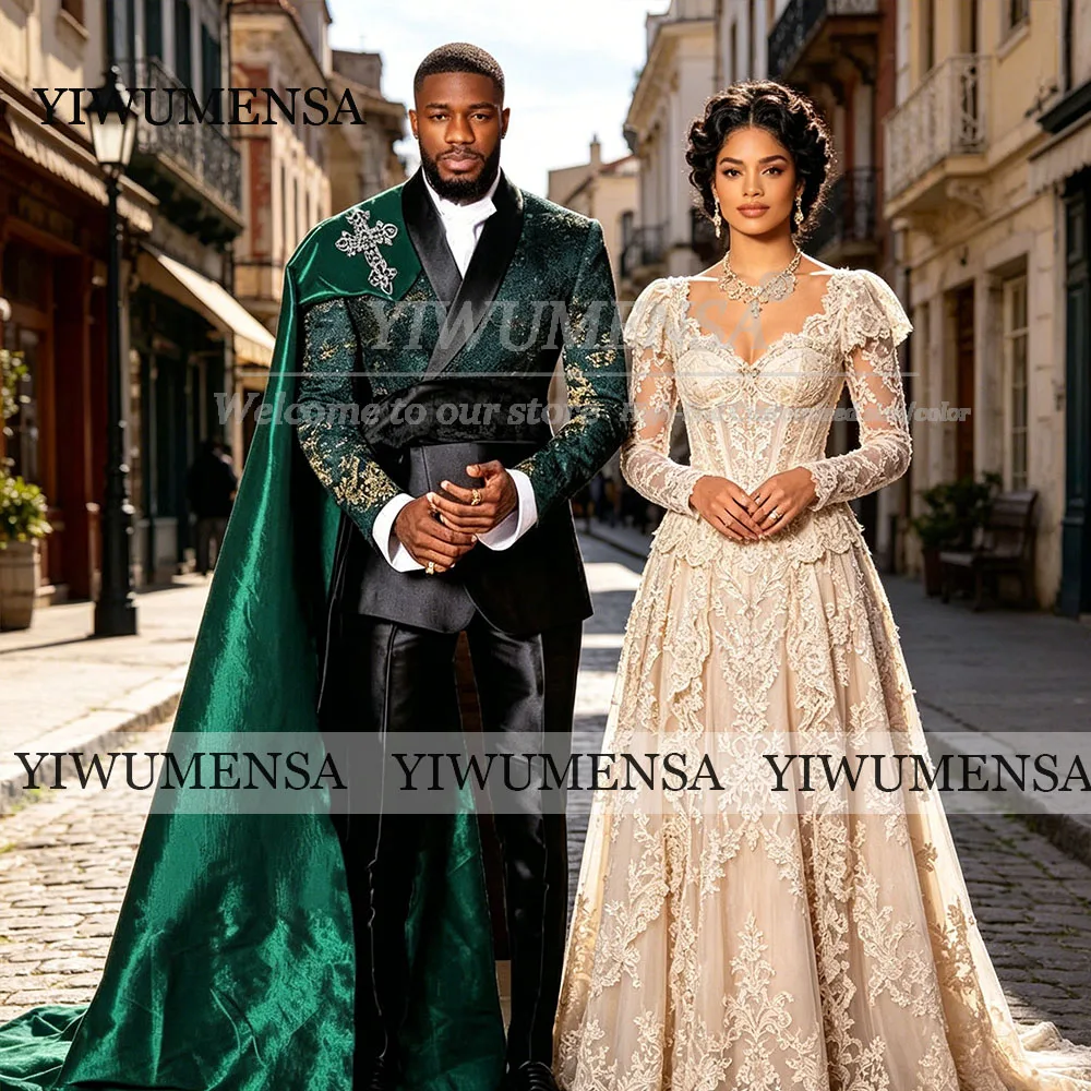 

Elegant Jacquard Suits Men Formal Party Groom Wedding Tuxedo Customized Man Prom Blazer With Cape Long 2-Pieces costumes homme