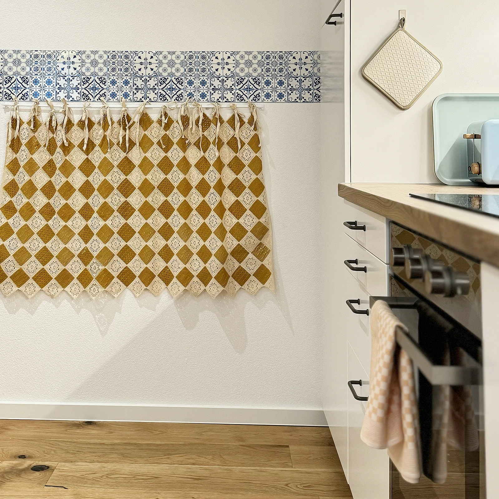 Mustard yellow embroidered handmade crochet valance half-door curtain with tie-back for cabinet coverage