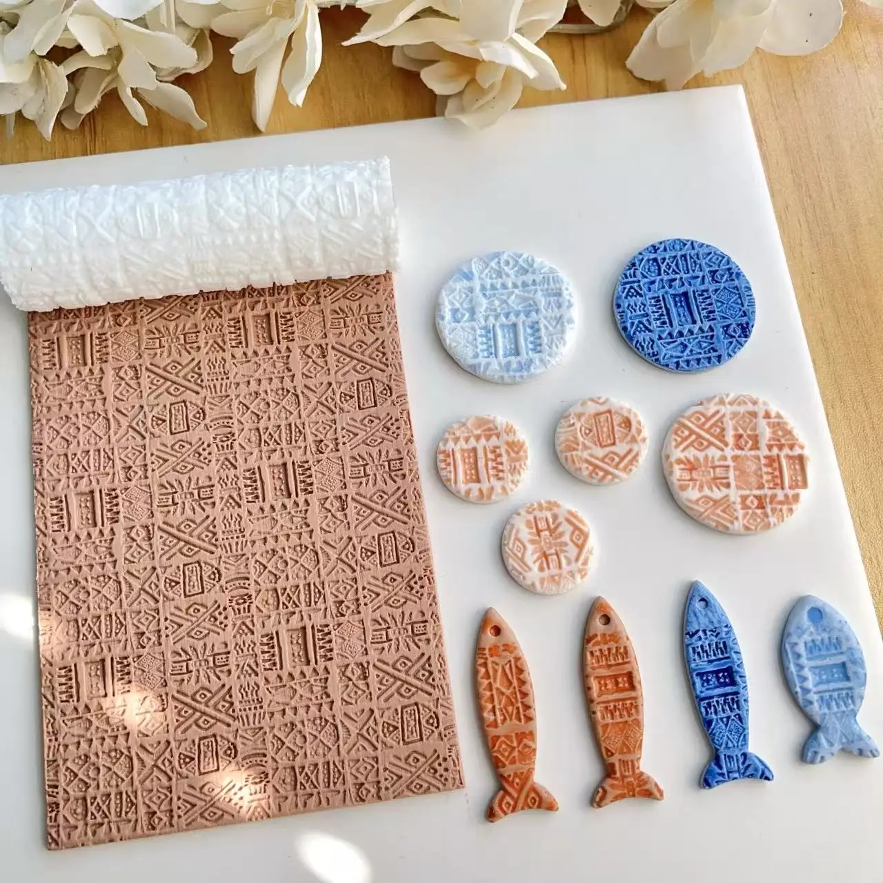 Bohemian textured polymer clay seamless textured roller, traditional patterned polymer clay earrings polymer clay cutter