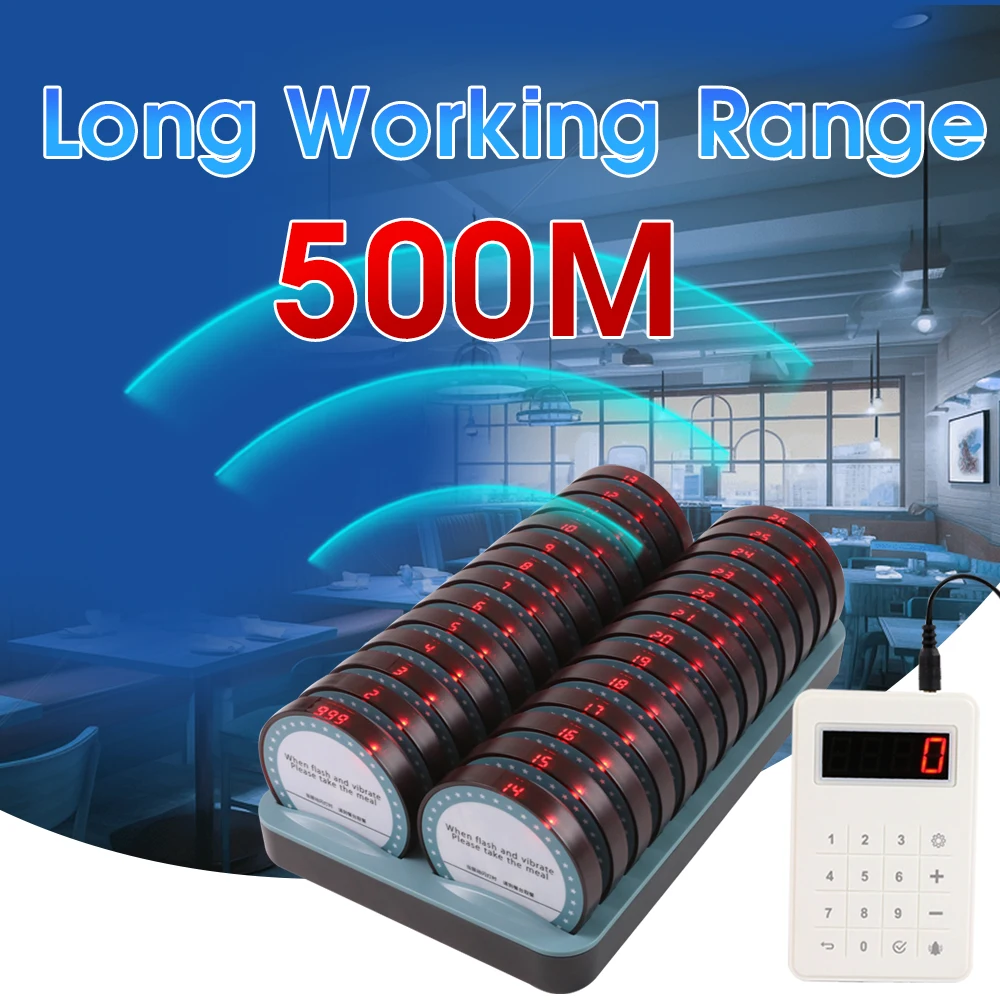 Wireless Restaurant Pager System 26 Coasters with Keypad 300 Meters Waterproof Vibrate Flash Ring for Food Truck Cafe Shop Bar