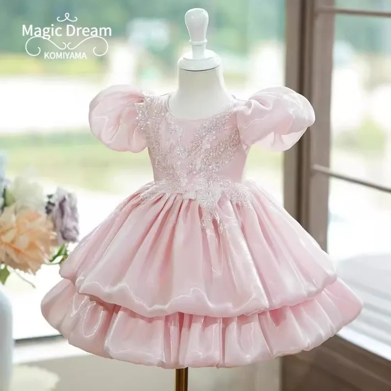 Customized Appliqué Puff Sleeve Simple O-neck Elegant Tiered Flower Girls Dresses Slim Waist All-match Kids Birthday Party Vesti