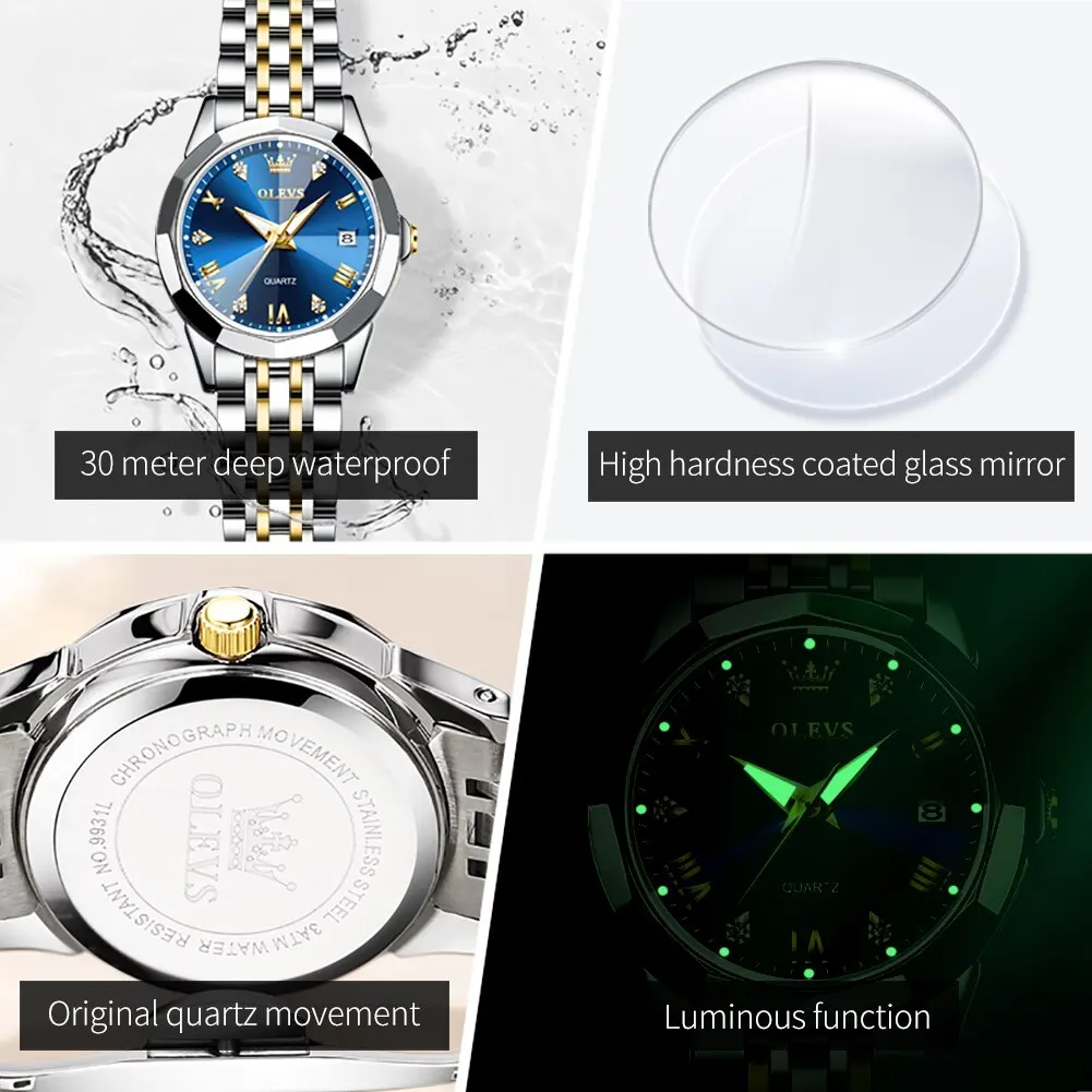 OLEVS-Reloj de pulsera de cuarzo para mujer, accesorio de marca superior, relojes elegantes con espejo de rombos, reloj de pulsera de diamante impermeable de acero inoxidable Original