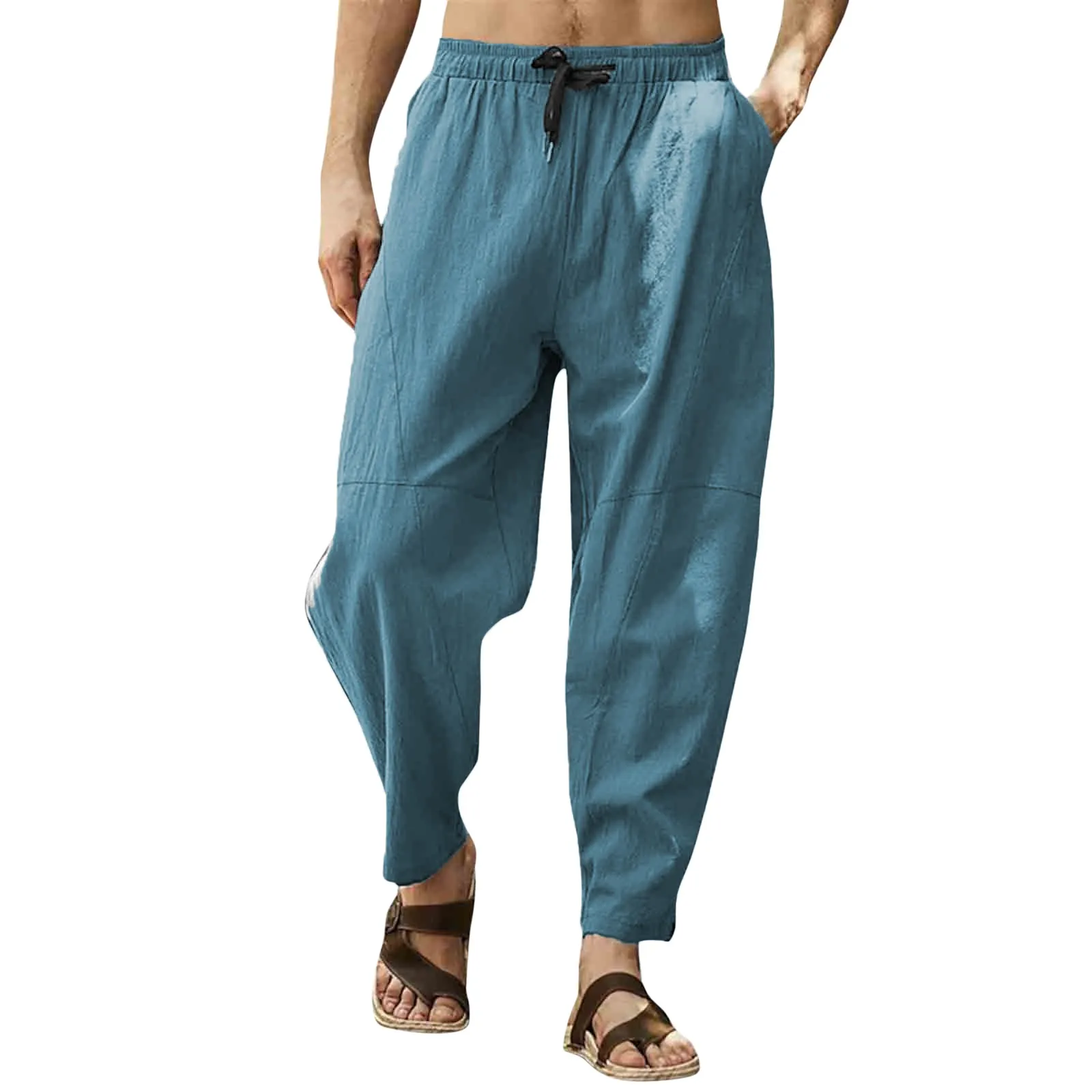 Men Spring And Summer Pant Casual All Solid Color Cotton Loose Trouser Fashion Beach Pant Big And Tall Pants with Memory