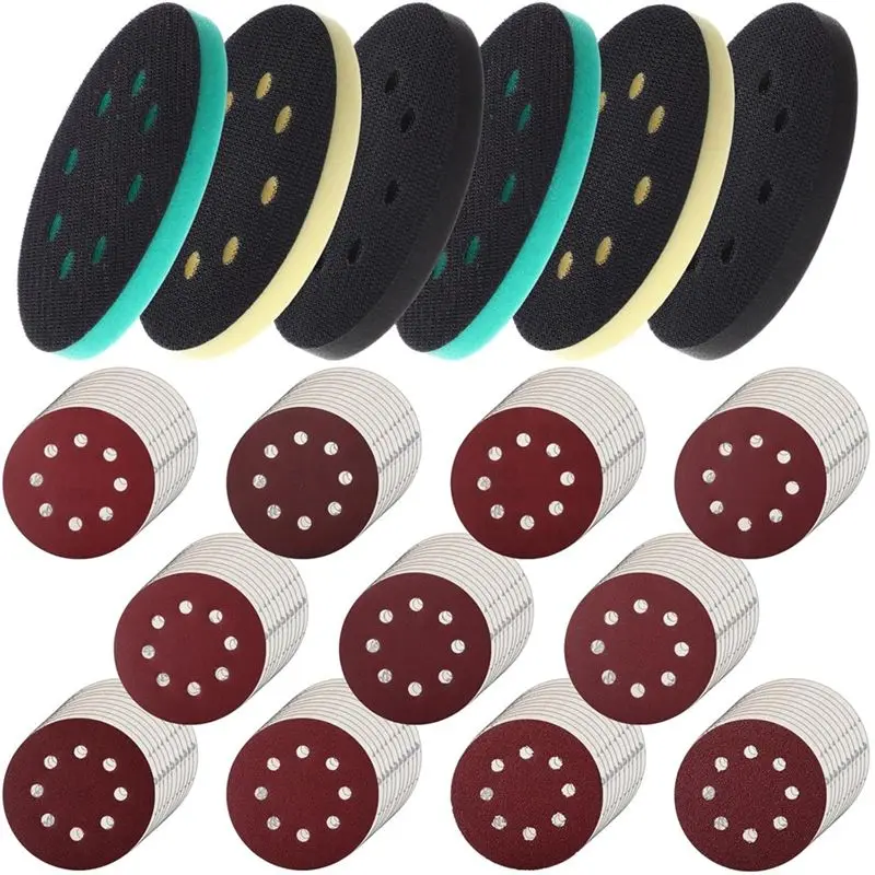 soft-5-inch-8-holes-hook-and-loop-orbital-sander-foam-pads-and-sanding-discs-110pcs-red-sanding-discs-40-to-600-grit