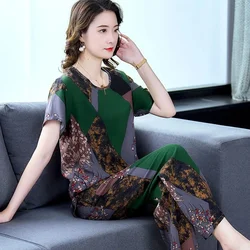 Cotton Suit Lady 2024 Summer New Two-Piece Casual Loose Set Middle-Aged Old Mothers 2PCS Fashion Simple Round Neck Outfit Woman