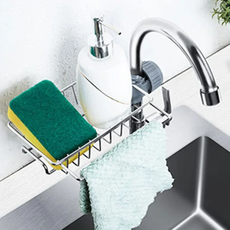 Drainer Storage Soap Stainless Dishcloth Rag Steel Sponge Shelf Adjustable Rack Dry Kitchen Basket Finishing Faucet Towel Pool
