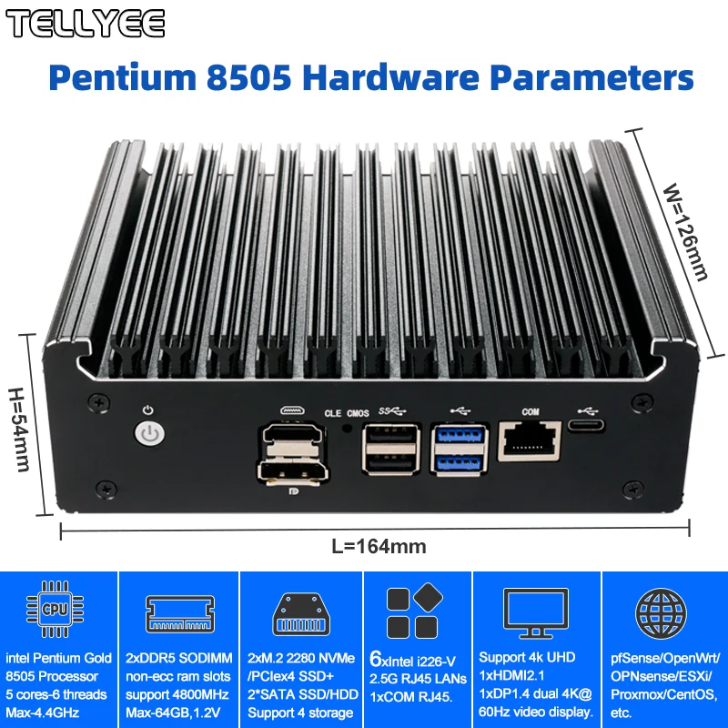 Intel Pentium Gold 8505 Soft Router 6 Lans i226-V 2.5G Fanless Mini PC COM HD DP USB Type-C DDR5 SATA pfSense Firewall Appliance Computador OPNsense Proxmox