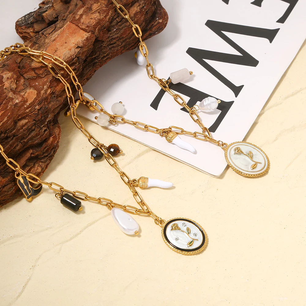 SOVOB خمر أبيض وأسود روز تنقش البيضاوي قلادة القلائد للمرأة الأنيقة الخريف اليومية مجوهرات اكسسوارات #2