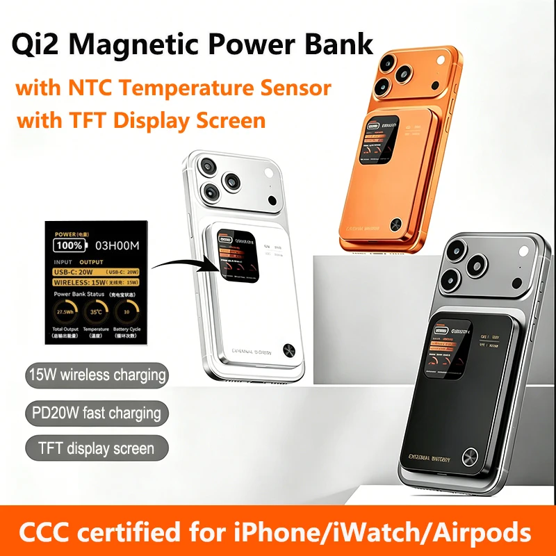 NEW Qi2 Magnetic Power Bank with NTC Temperature Sensor TFT Screen Wireless Fast Charger Powerbank for IPhone 17 IWatch Magsafe