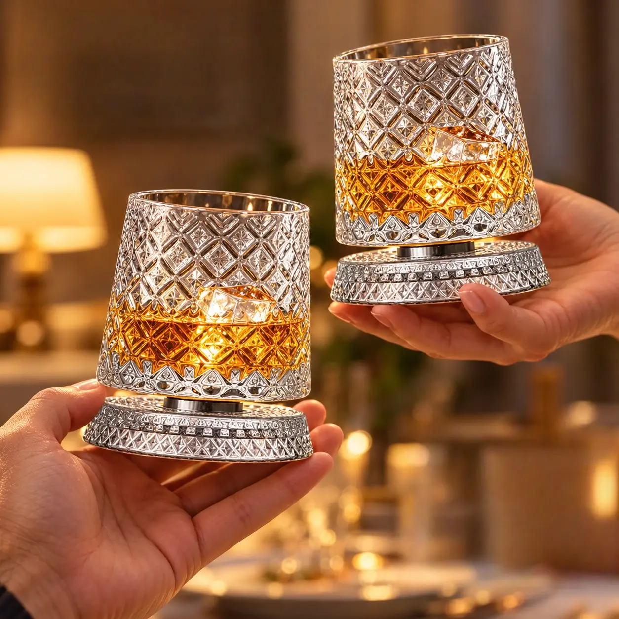 2-piece whiskey rotating glass with glass base, 360 degree rotating crystal wine glass, cocktail party drink gift