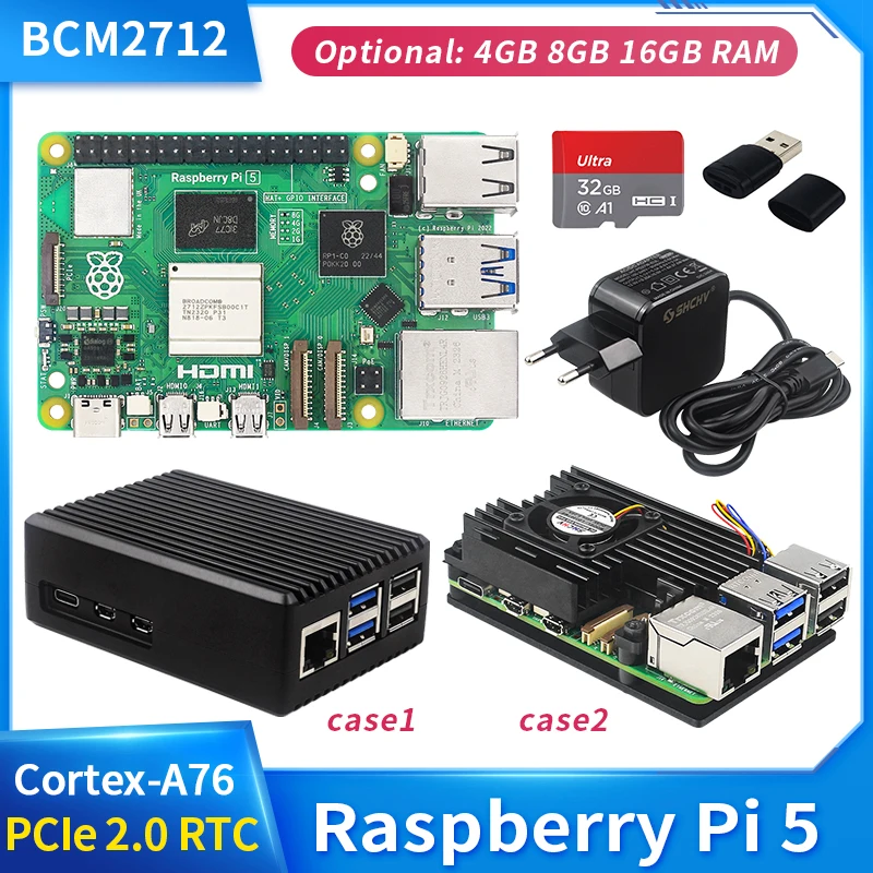 Oryginalny Raspberry Pi 5 4G 8G RAM BCM2712 2.4GHz VideoCore VII GPU 4 kp60 PCIe 2.0 RTC opcjonalny zasilacz wentylator obudowy do Pi5