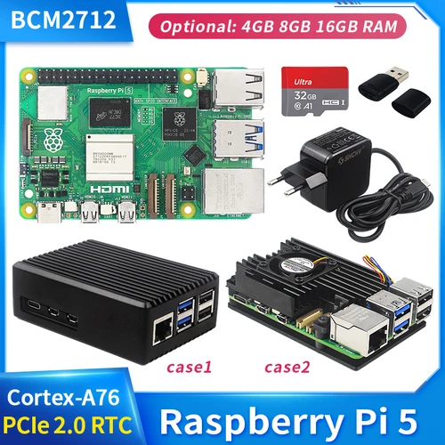 Raspberry Pi 5 4G 8G RAM BCM2712 2,4 GHz VideoCore VII GPU 4Kp60 PCIe 2,0 RTC, carcasa opcional, fuente de alimentación de ventilador para Pi5