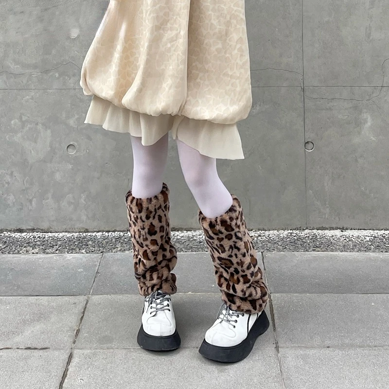 Plush leopard pattern Leg Warmers warm autumn and winter Plush thickening Millennium Y2K Harajuku leg Warmer woman Gothic