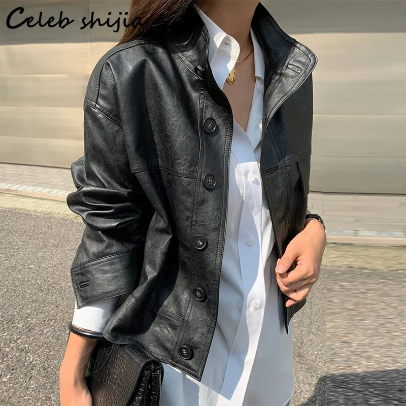 Beige PU Leather Jacket Woman Autumn Winter Streetwear Single Breasted Leather Coat Female Korean Chic Corp Jacket Stand Neck