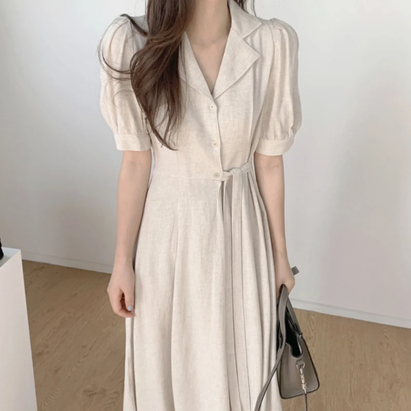 Ele été Chic col t-shirt bouton côté cravate taille bulle Sve lin Dr femmes taille haute printemps trajet Sle