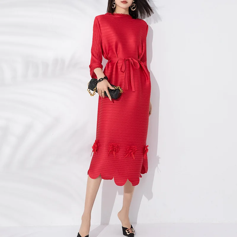 High Elegant Three Mansion Pleated Dress New2023 Summer Fashion One line Shoulder Wide Loose Lace Pleated Length Dress for Women