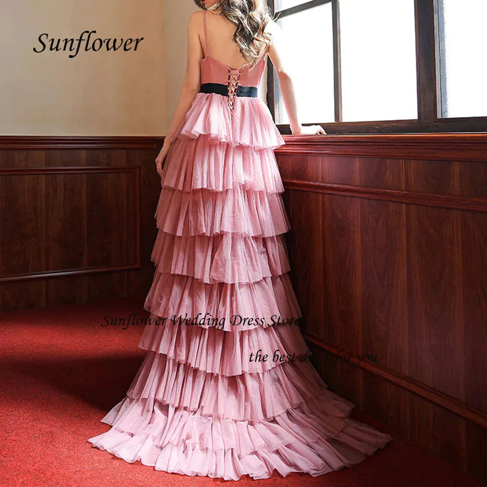 Sunflower Deep V-Neck Spaghetti Strap Formal Evening Dress 2023 Slim Tulle Tiered A-LINE Floor-Length High-end Custom Party Gown