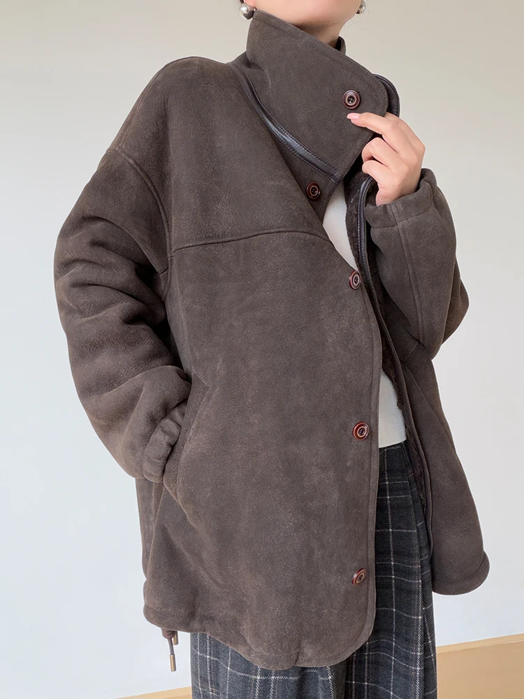 High-End-Luxus-Merin-Schaffell-Wildlederjacken für Damen, 2022, neuer einfacher Vintage-Winter-Echtleder-Echtpelz-Lammfellmantel