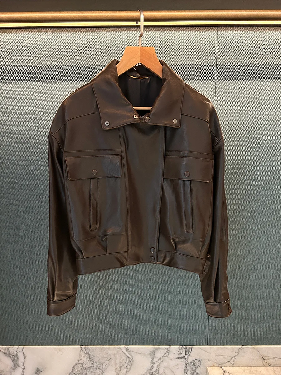 سترة جلدية ذات صورة ظلية من جلد الخراف المدبوغ بالخضراوات المشمعة الصغيرة #3