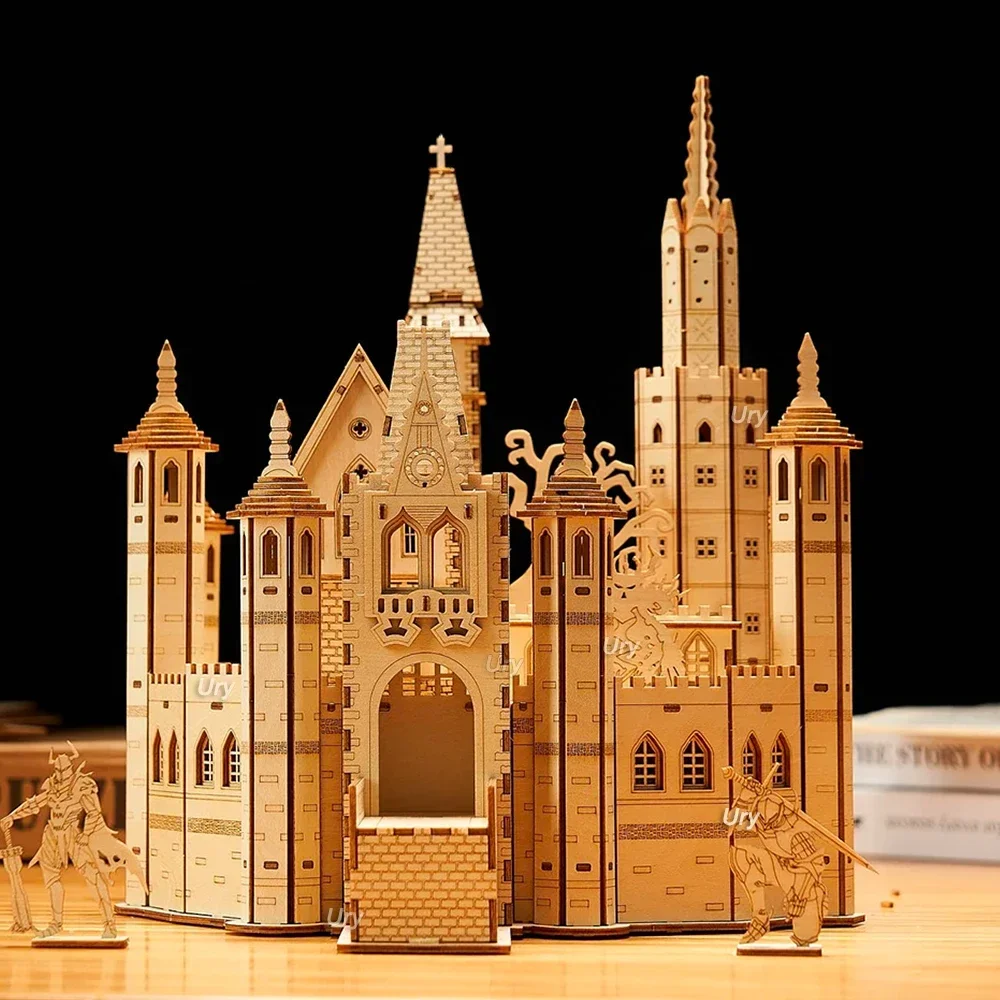 URY 3D Wooden Puzzle House Royal Knight's Castle with Box Assembly Retro Toy for Kids Adult DIY Model Kits Decoration Gifts