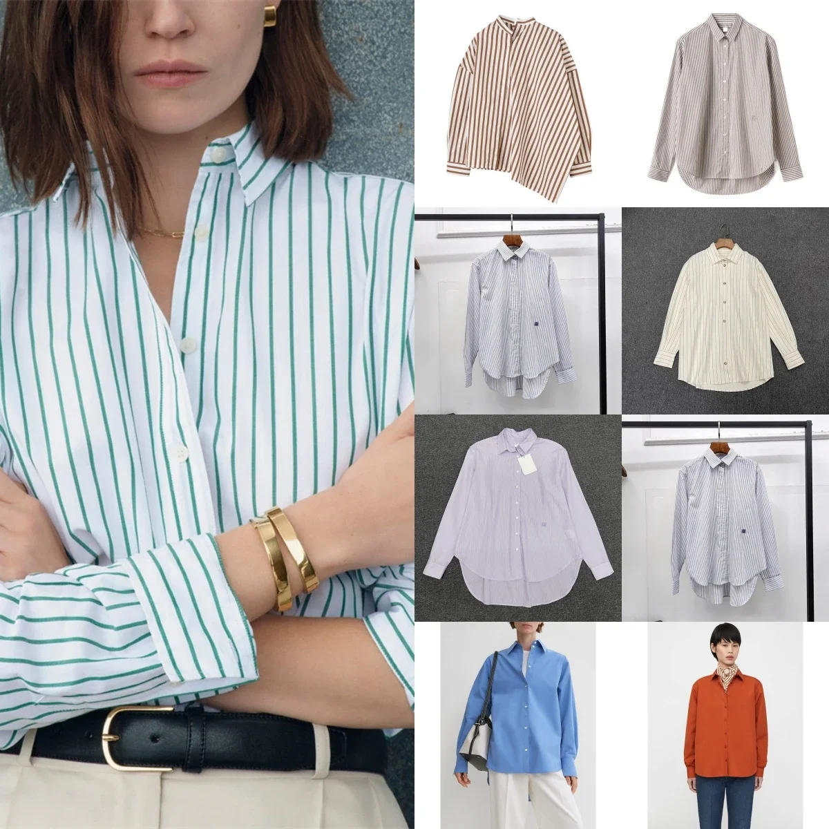 LUXURY Women's Vertical Striped Shirt, Short Front and Back, Short, Vertical Striped Shirt, Loose Long Sleeve, Commuter Style