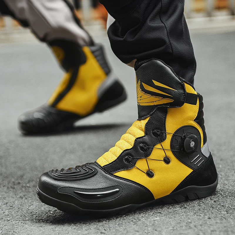 Men Motorcycle Boots Waterproof Breathable Leather Moto Riding Shoes Anti Slip Wear Resistant Rubber Sole Off Road Boots