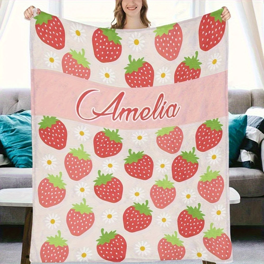 1Pc Custom Name/Text Strawberry Pattern Design Flannels Blanket, Soft and Comfortable, Suitable for Office, Home, Unique Present