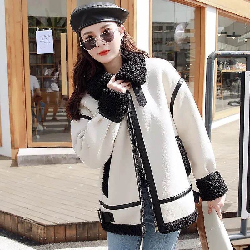 Lamb Fur Coat Female New Fall/Winter Loose Versatile Fur Coats Women Add Velvet And thickened Motorcycle Clothing Jacket