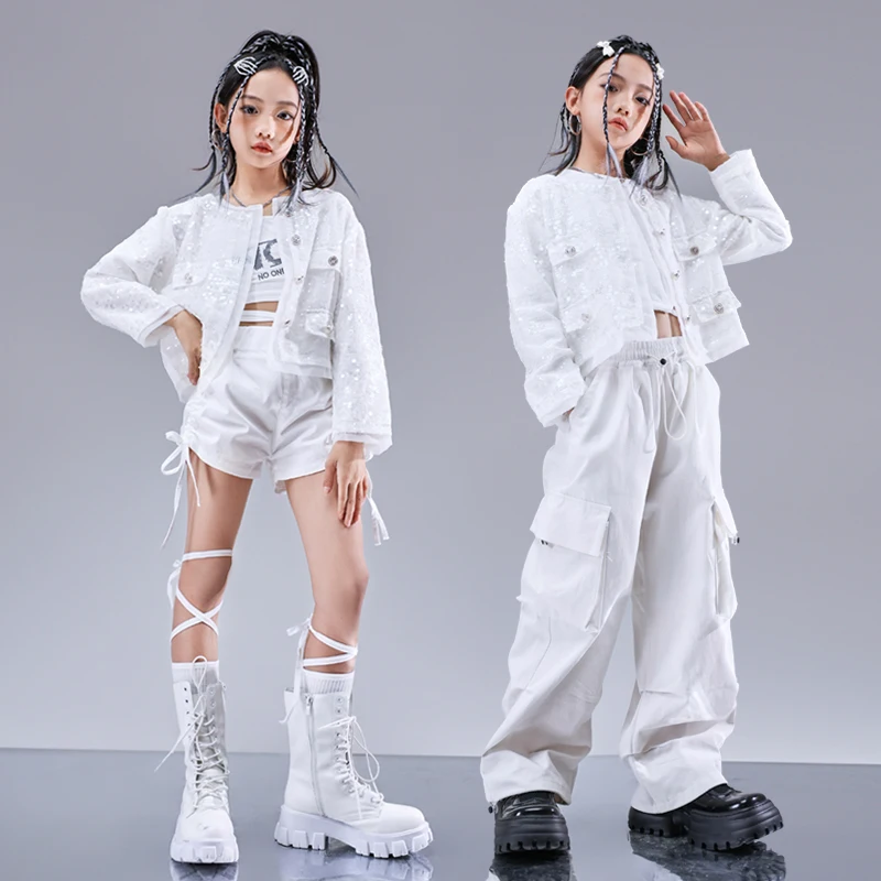 Kids Streetwear Hip Hop Girls Crop Top White Sequins Jacket Joggers Clothes Outfit Child Fashion Costume Teen Street Dance Pants