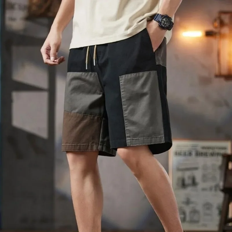 

Длинные мужские короткие брюки с завязками, широкими карманами, мужские бермуды-бермуды, свободные эластичные шорты на талии, полумешковатые роскошные эластичные шорты