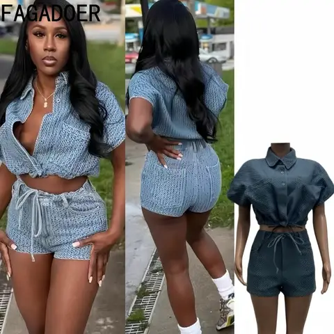 FAGADOER Fashion Blue Denim Two Piece Outfits Woman Short Sleeve Drawstring Patchwork Crop Top + Shorts Suits Casual Streetwear
