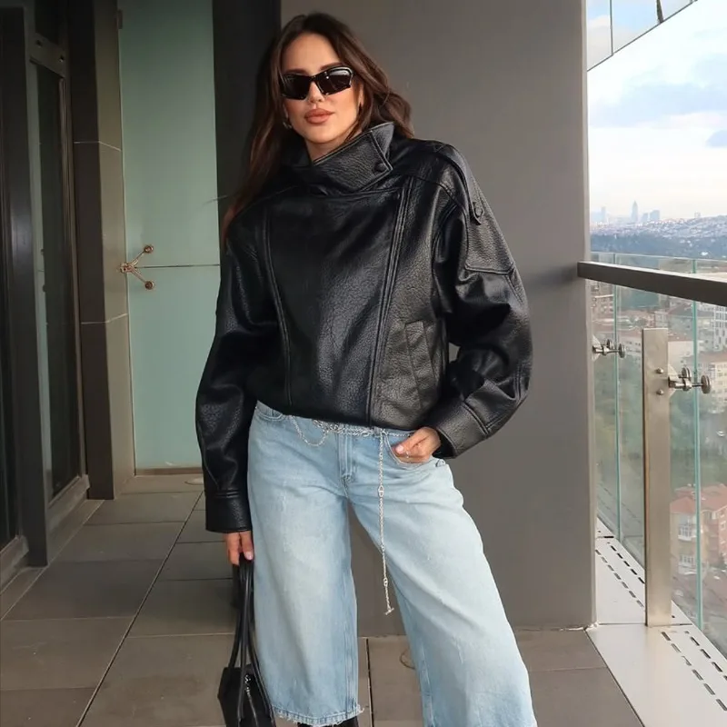 Talenza casual chique jaquetas de couro preto feminino manga longa botões elásticos casacos de grandes dimensões moda 2025 outono streetwear casacos