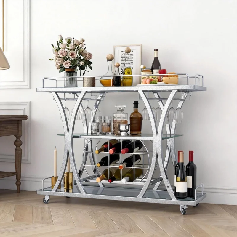 Silver 3 Tier Bar Cart/Glass Holders & Wine Rack, Metal Rolling Serving Cart with Glass Shelves Home, Kitchen, Party