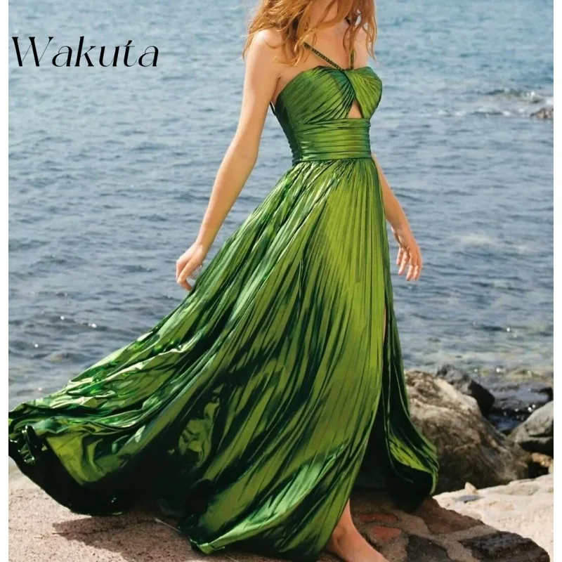 Wakuta Elegant Satin Prom Robes Long Spaghetti Straps Keyhole with Split Formal Party Vestidos De Fiesta فساتين نسائية شحن مجاني