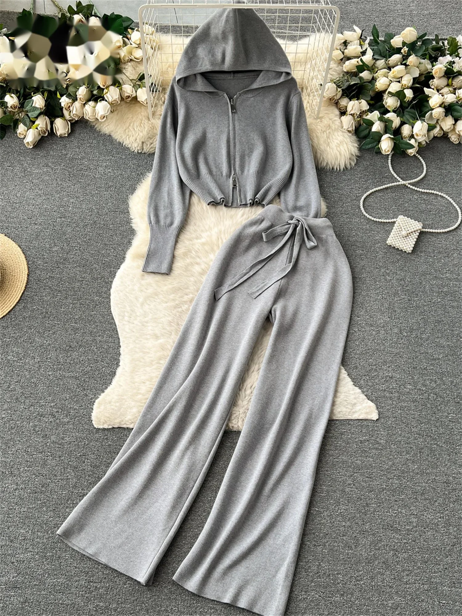 

Fashion Casual Sports Knitted Suits Zipper Hoodie+Elastic Waist Drawstring Wide Legs Long Pants Winter Two Pieces Sets