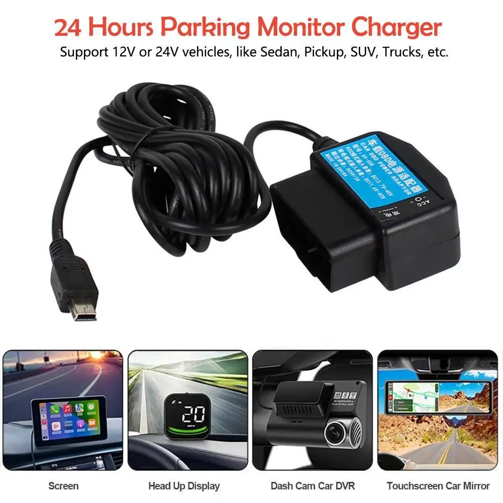 Car DVR Hardwire Kit OBD To USB Adapter Power Cable For Dashcam Mirror Recorder Charger 24h Parking Monitoring Time Lapse Video