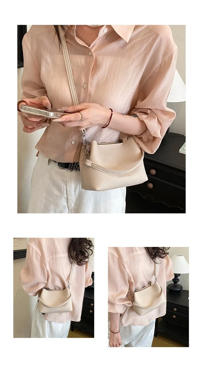 CEEKAY Minimalistische Mini-Eimertasche aus genarbtem, lederähnlichem Leder mit Aufdruck, leicht und tragbar, als Umhängetasche oder Schultertasche für Kaffeebraun – Detail 5