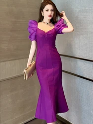 French Vintage Long Dress Woman Elegant Style Purple Bubble Sleeves Wrap Hip Fishtail Robe Maxi Gown Femme Party Prom Vestidos