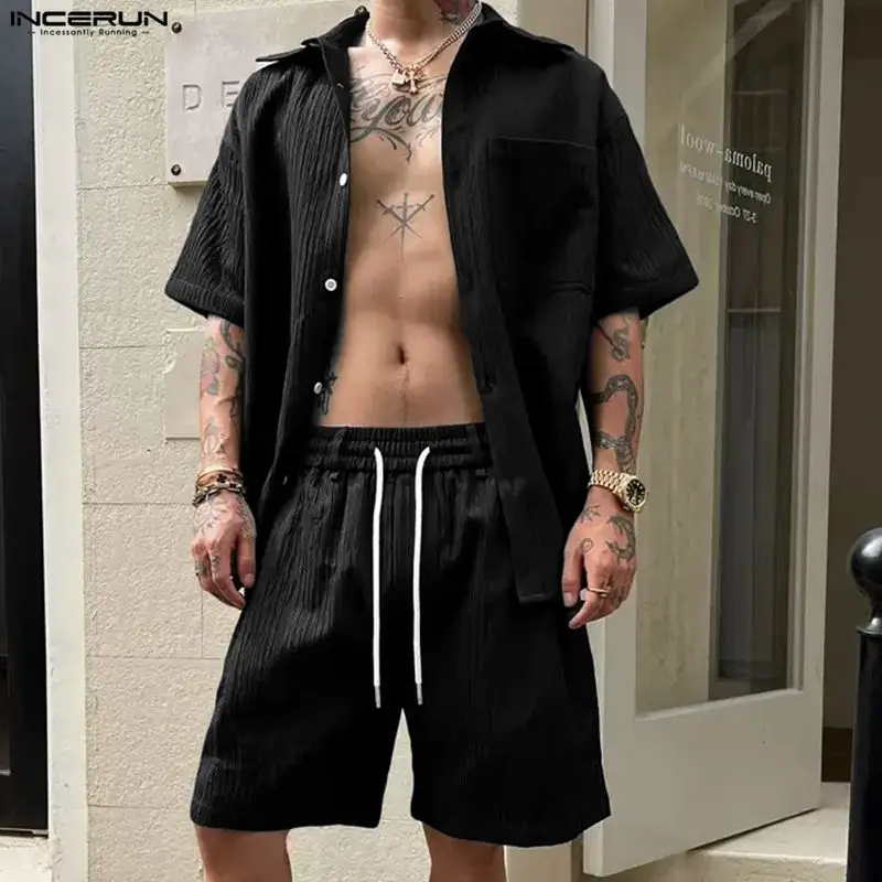 INCERUN Men's Sets Solid Lapel Short Sleeve Shirt Shorts Two Piece Sets Streetwear Loose Summer 2026 Casual Men Matching Sets view 5