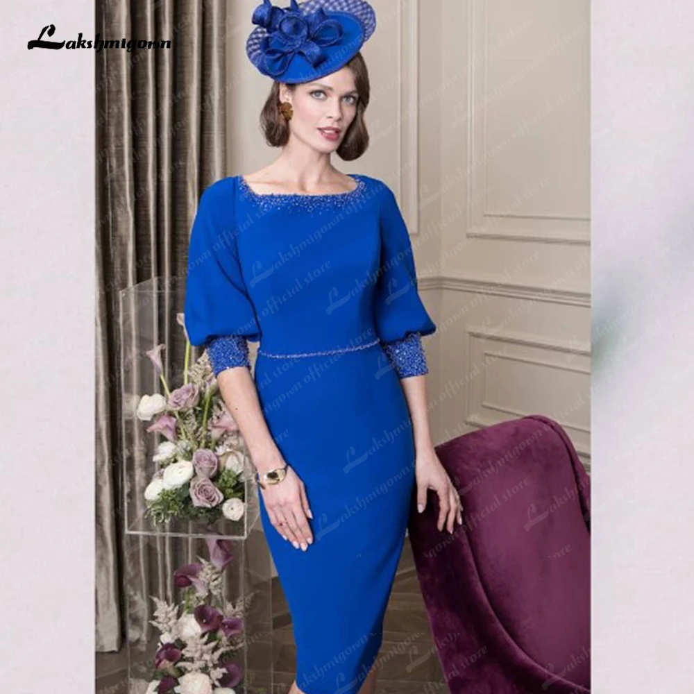 

Formal Blue Mother of the Bride Dresses Square Collar Wedding Guest Dress Beaded Half Sleeve Vestido De Noiva Knee-Length