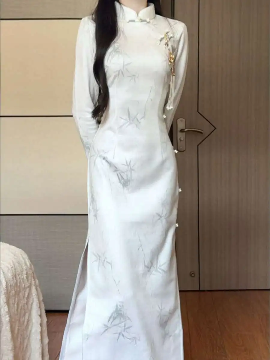 

Синее длинное платье в стиле матча, новое, китайское, женское, ретро, для повседневной носки, с традиционным дизайном, удобное.