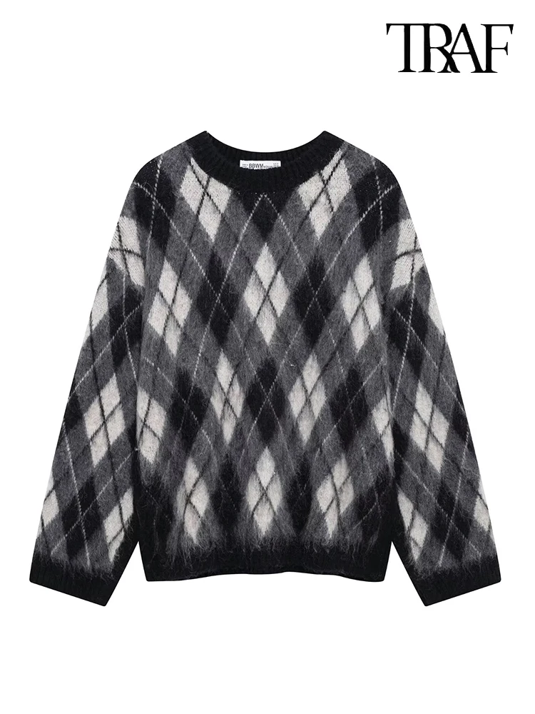 TRAF Women's Fashion 2024 Autumn and winter new diamond plaid knitted pullover casual loose round neck long sleeve warm jumper